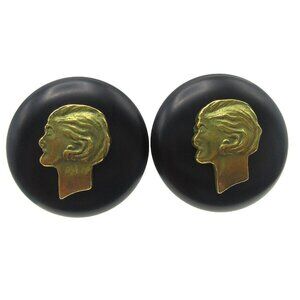 Chanel Button Earrings Black Gold Clip-On 94A